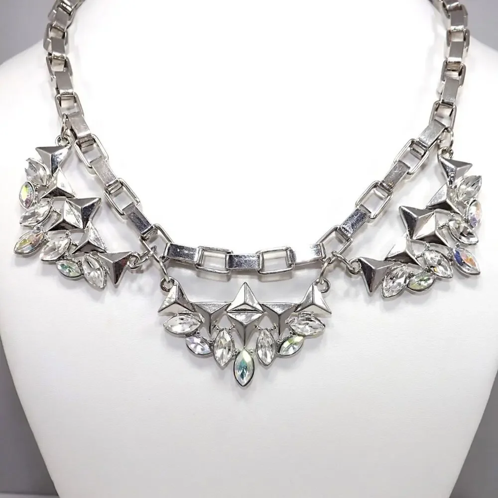 Silver Tone Statement Necklace, Aurora Borealis Rhinestones, 20 Inches